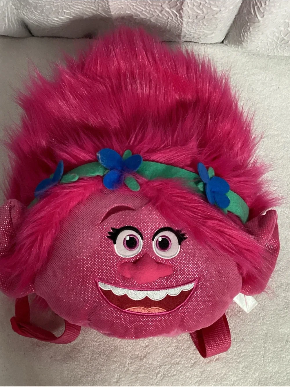 Dreamworks Trolls Poppy Pink Plush Zippered Backpack Bag EUC